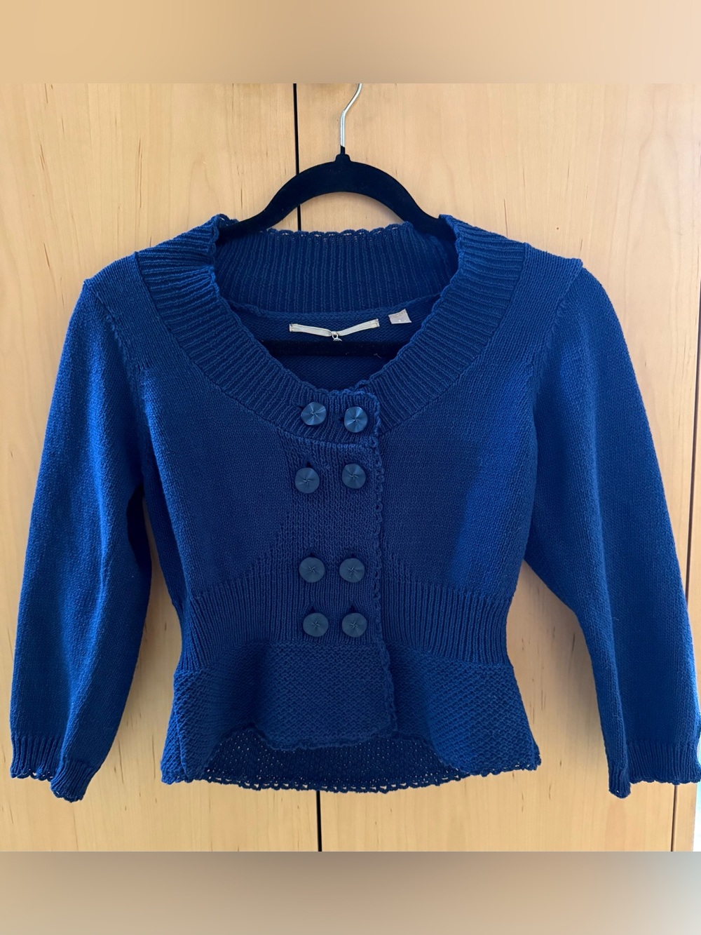 Anthropologie Knitted & Knotted Royal Blue Coquette Peplum Cardigan Puff Sleeve